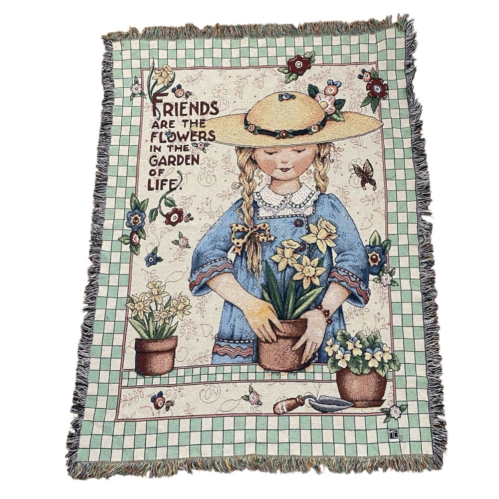 Vintage Mary Engelbreit Cottagecore Flowers In The Garden Tapestry Throw